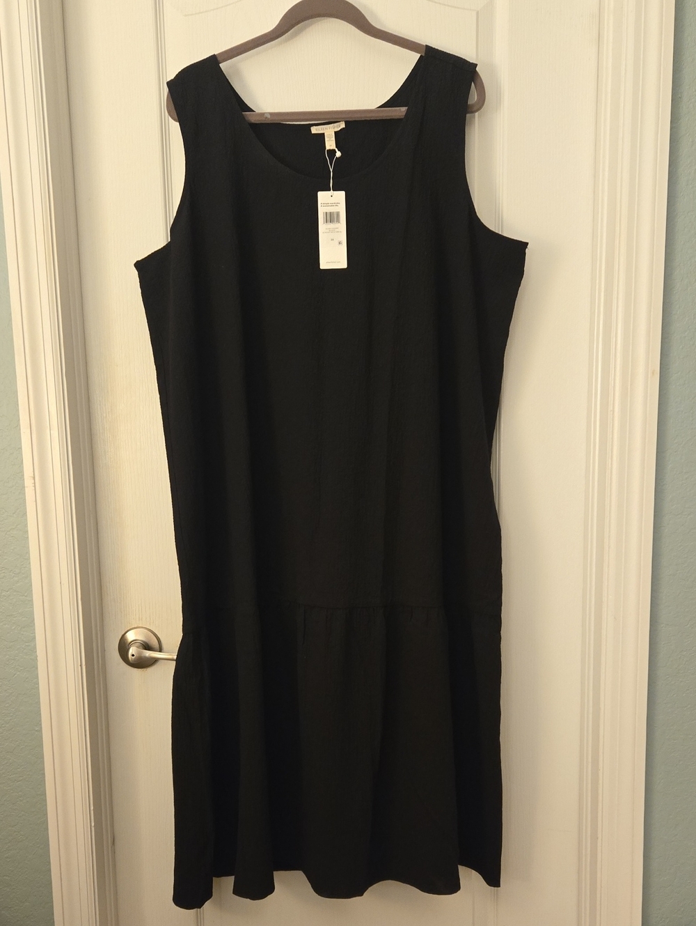Eileen Fisher Organic Cotton Pucker Black Scroop Neck Dress 3X Plus Size NWT